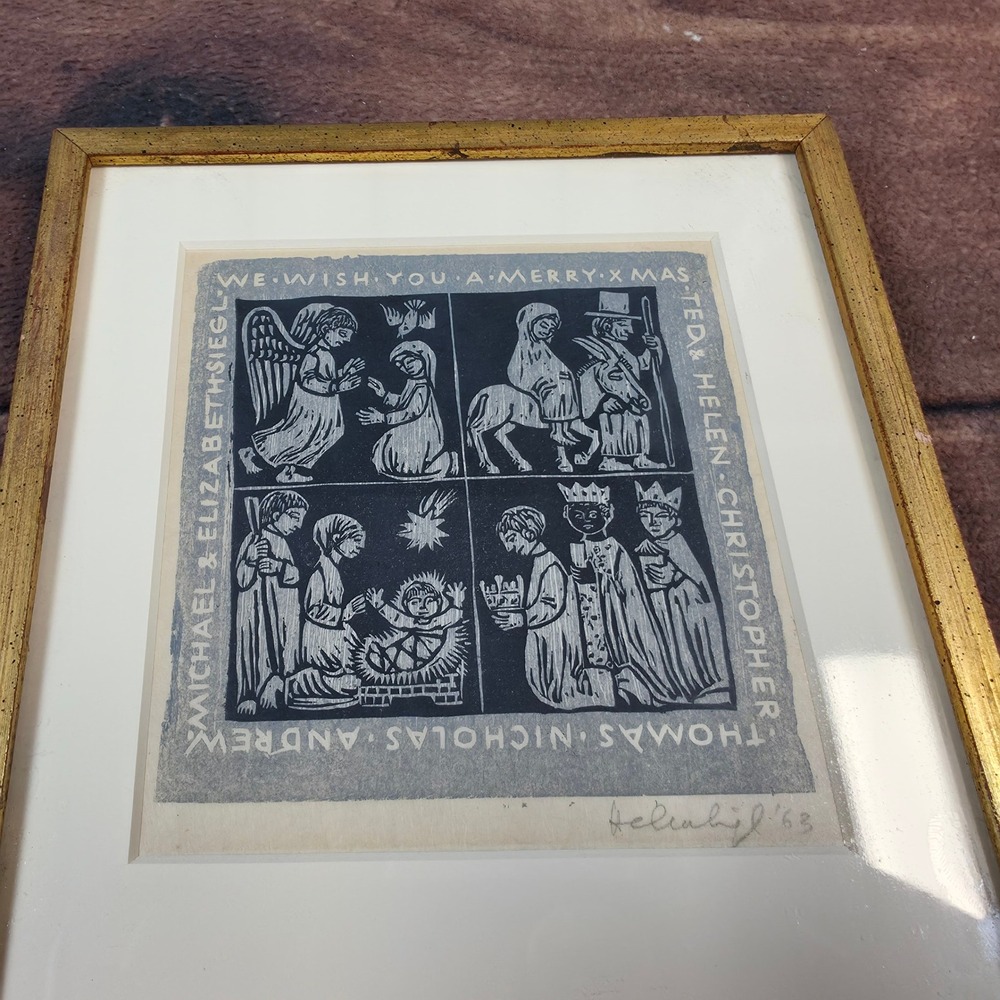 Helen Siegl Nativity Woodblock Print Art 8.5x9.5 Gold Good 1963 Signed Christmas - Picture 2 of 5